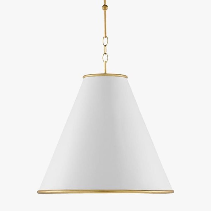 a white and gold pendant light with a chain hanging from the bottom, on a white background