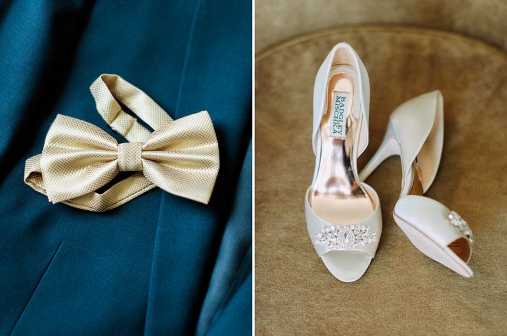 the bride's shoes and boutonnieres are on display