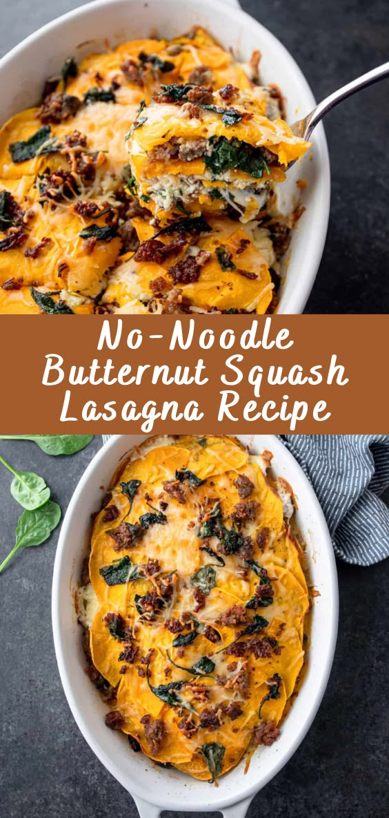 noodle, butternut squash lasagna recipe with spinach and cheese in a white casserole dish