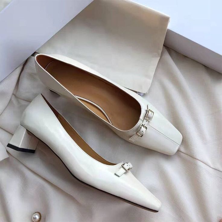 Leather Square Toe Block Heeled Slip-On Pumps Office Shoes in White/Black/Grey Black Flat Leather Shoes, Square Toe Shoes, Slip On Pumps, Office Shoes, Leather Shoes Woman, Pump Dress, Leather Pumps, Pump Shoes, Summer Shoes