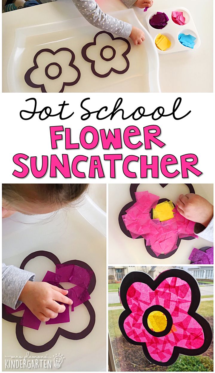 kids making flower suncatchers out of tissue paper and construction paper with text overlay that reads, got school flower suncatcher