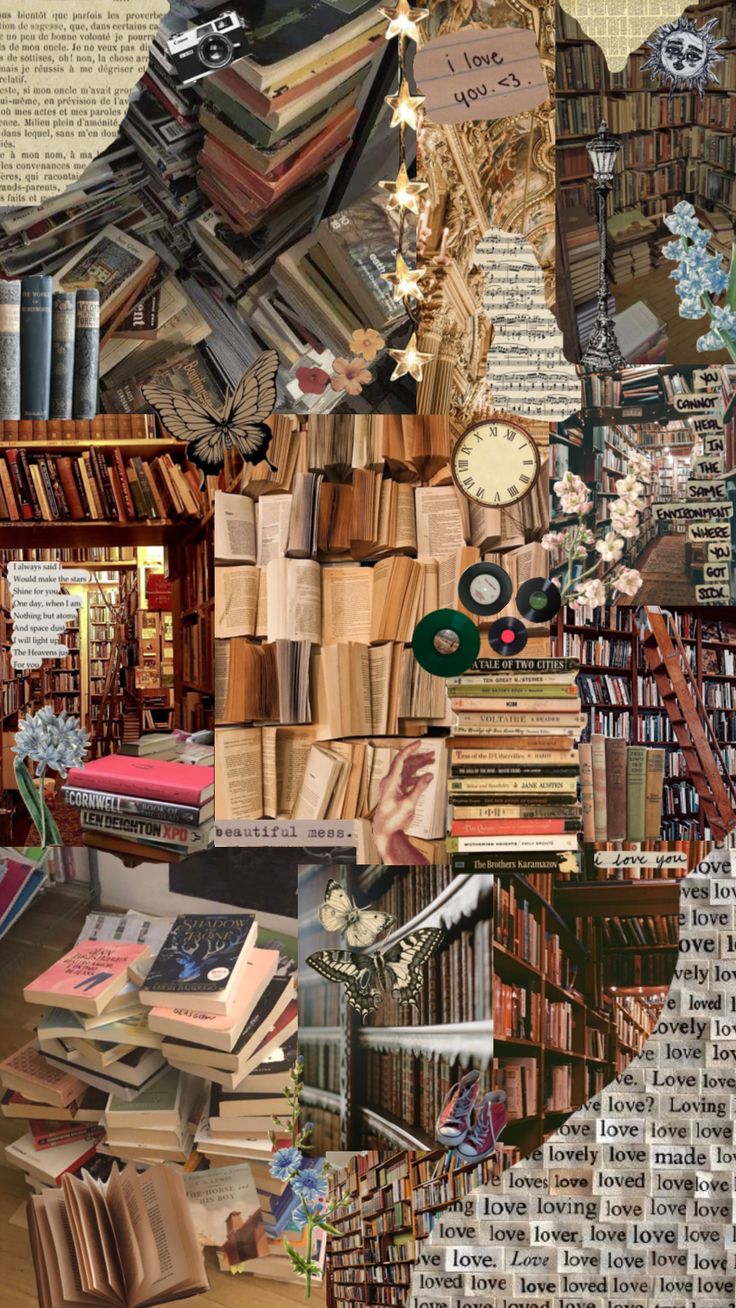 a collage of books and other items on top of a book shelf in a library