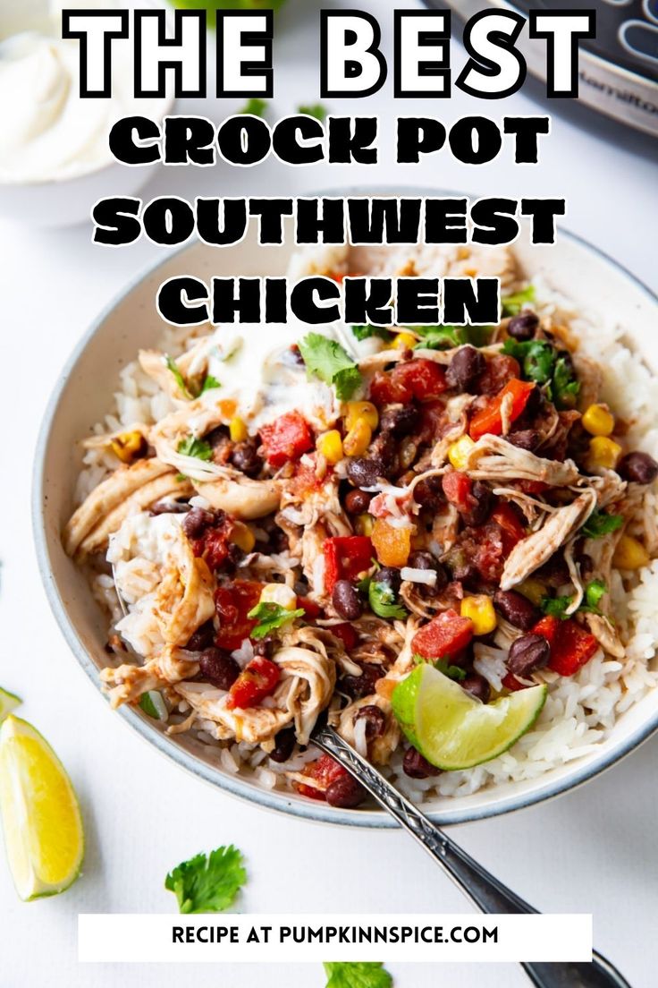 chicken and rice in a white bowl Crockpot Fajitas With Frozen Chicken, Santa Fe Crockpot Chicken, Salsa Chicken Burrito Bowl, Crock Pot Chicken Bowls, Southwest Chicken Crockpot Recipes, Crockpot Chicken For Burritos, Slow Cooker Chicken Taco Bowls, Southwest Chicken Recipes Easy, Crock Pot Mexican Chicken And Rice