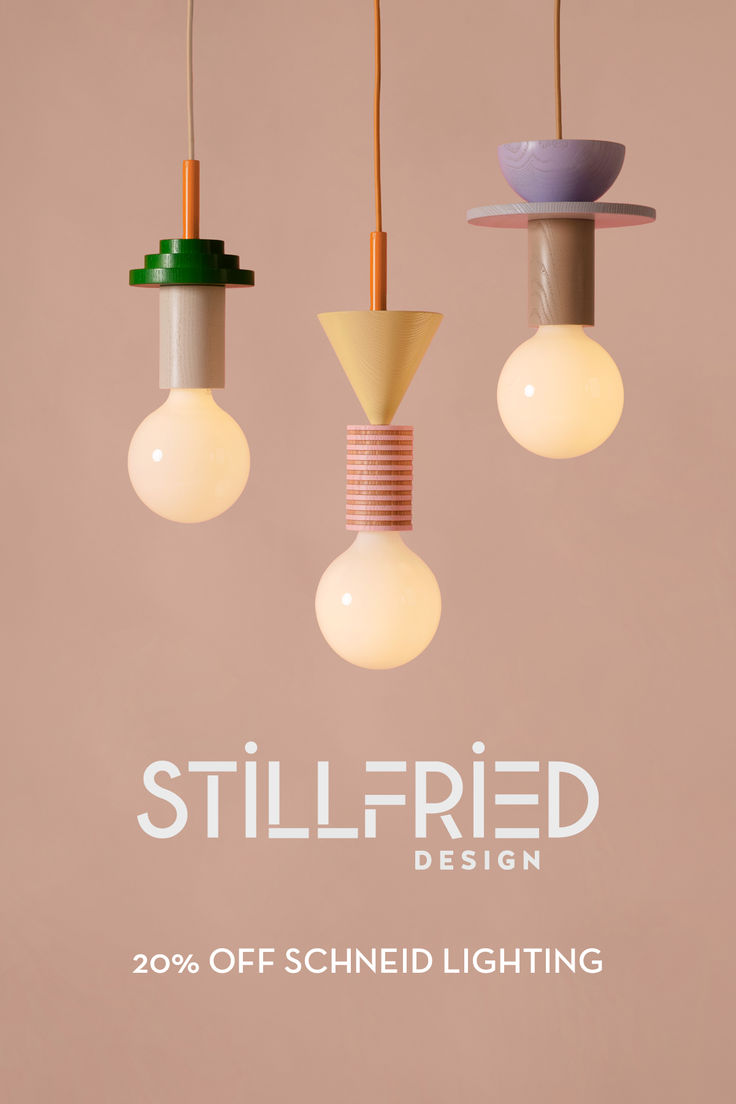 three light bulbs hanging from the ceiling with text that reads, still fried design 20 % off schneid lighting