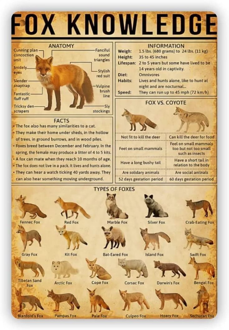 a poster with different types of foxes on it