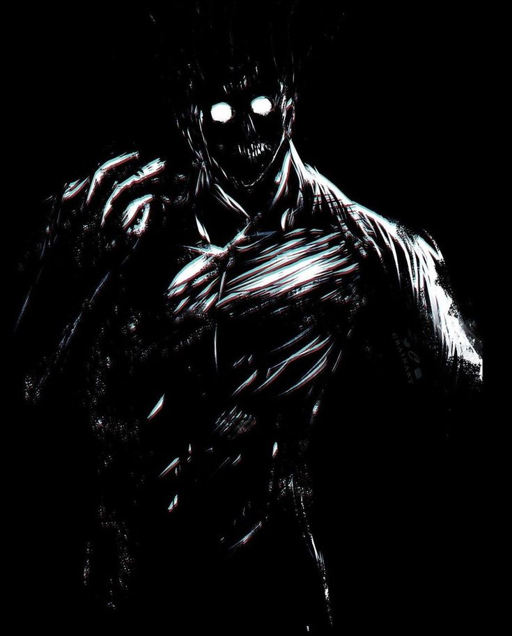 a black and white drawing of a creepy man holding something in his hands with glowing eyes