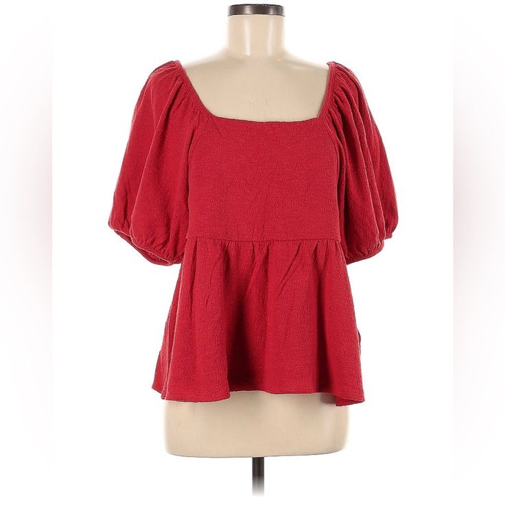 This Shirt Is New With Tags And Has Never Been Worn. Casual Red Puff Sleeve Blouse, Red Puff Sleeve Top For Day Out, Red Short Sleeve Top For Day Out, Madewell Shirts, Bubble Sleeve Top, Denim Pocket, Tie Shorts, Red Blouse, Boho Shirts