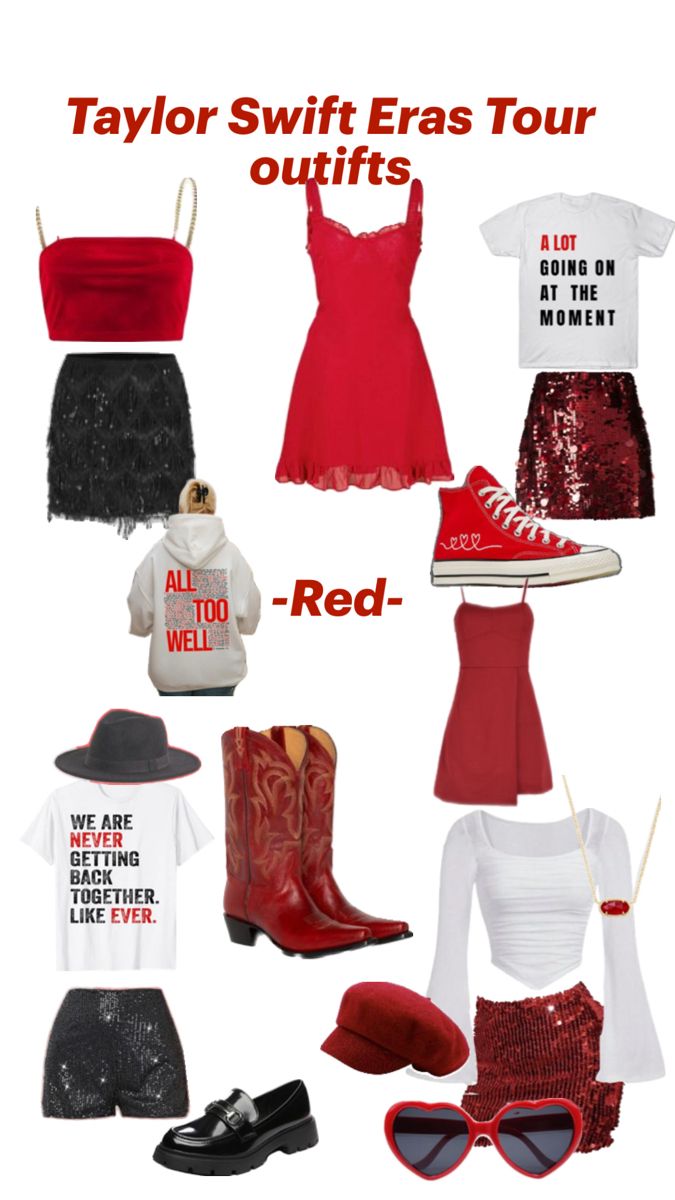 the taylor swift era tour outfits are red, white and black with text that reads taylor swift