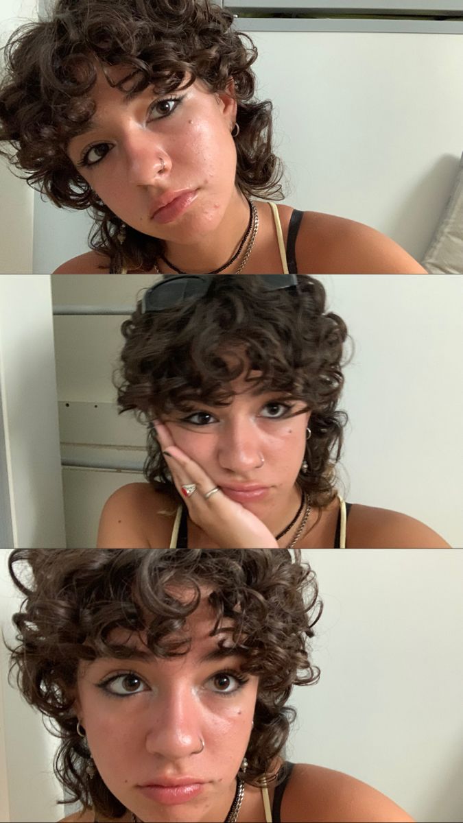 Short Curly Hair On Round Faces, Curly Bixie 90s, Curly Micro Bob, Queer Curly Haircut, Short Curly Mullet Hairstyle Women, Wolf Cut Curly Hair Short, Short Length Curly Hair, Pixie Curly Haircut, Modern Mullet Curly Hair