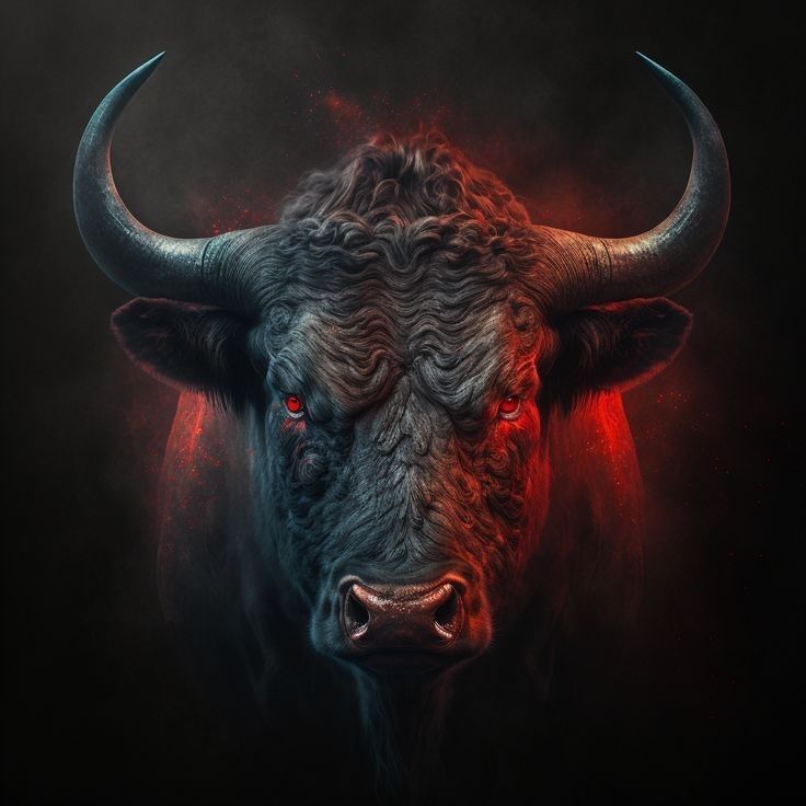 an artistic painting of a bull with red eyes and horns on it's head