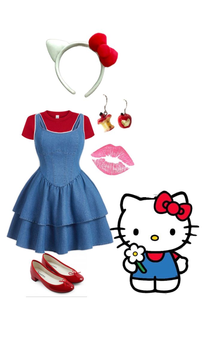 a hello kitty outfit with red shoes and an earring on the head is shown