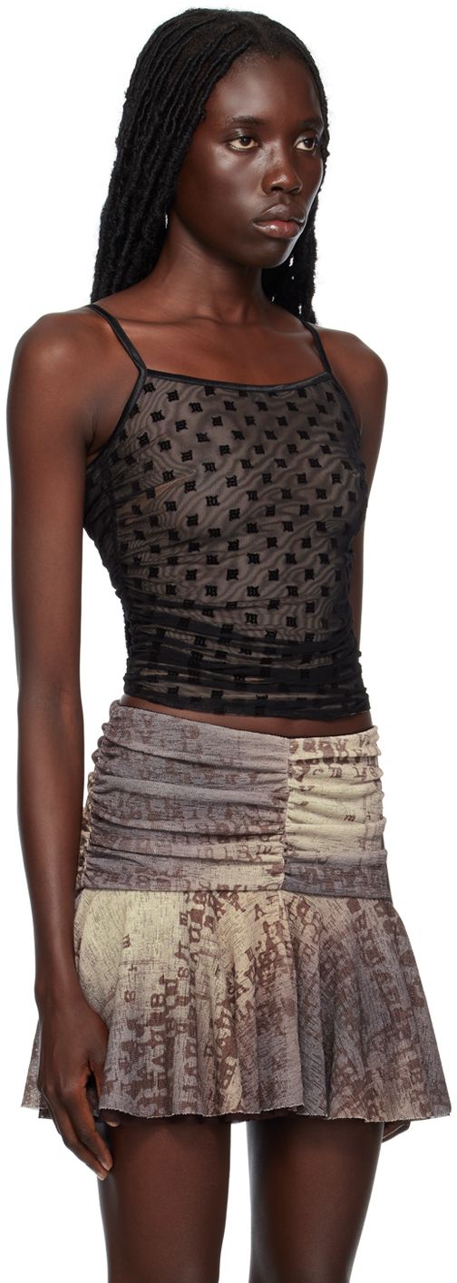 Semi-sheer double-faced stretch nylon- and viscose-blend mesh tank top. Logo pattern flocked throughout. · Square neck · Ruching at side seams · Adjustable spaghetti straps · Zip closure at back · Full mesh lining Supplier color: Black Sheer Fitted Mesh Tank Top, Fitted Sheer Mesh Tank Top, Mesh Cami Top For Party, Sleeveless Polyamide Tops For Party, Party Mesh Cami Top, Sheer Sleeveless Nylon Tank Top, Nylon Tank Top For Party, Fitted Sheer Sleeveless Mesh Top, Chic Nylon Sleeveless Tank Top