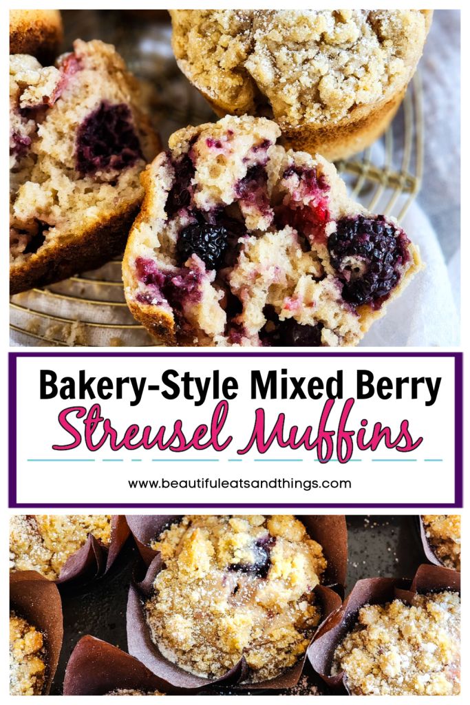 blueberry - style mixed berry muffins with text overlay