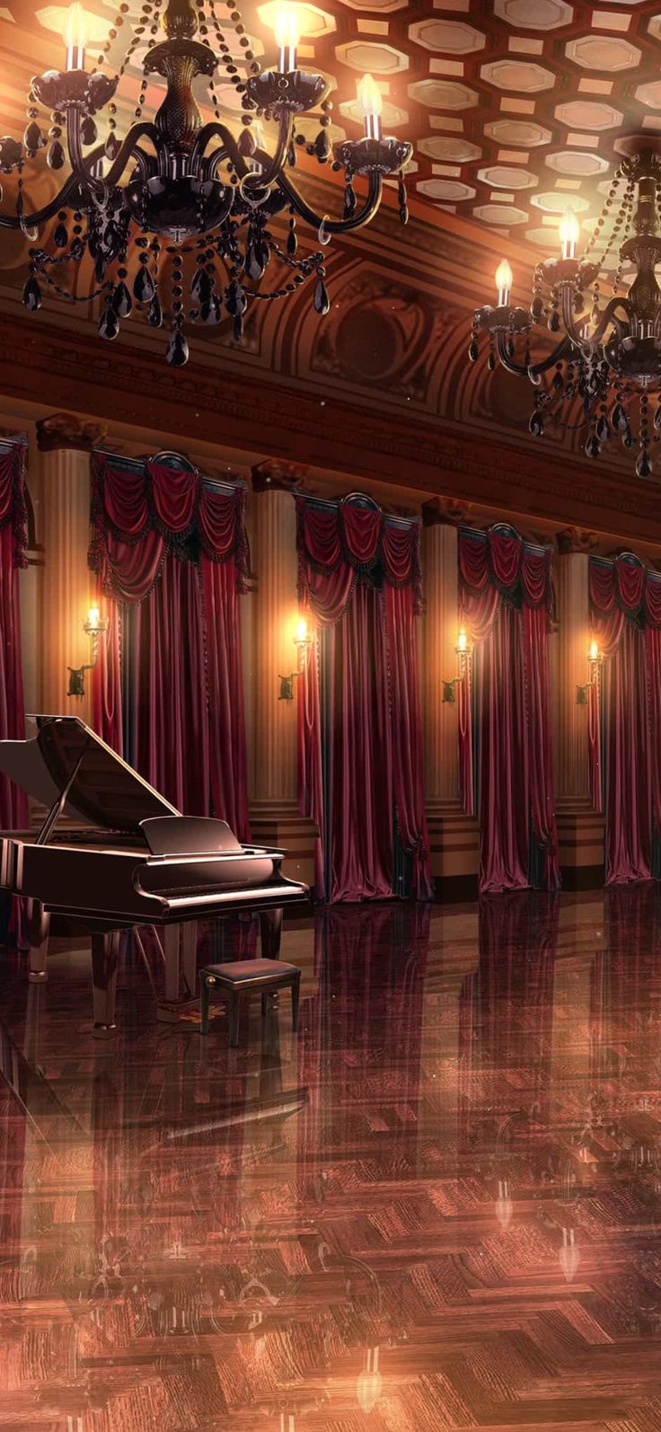 a grand piano sits in the middle of a room with red curtains and chandeliers