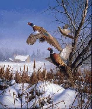 three pheasants are flying in the air near a tree and snow covered ground