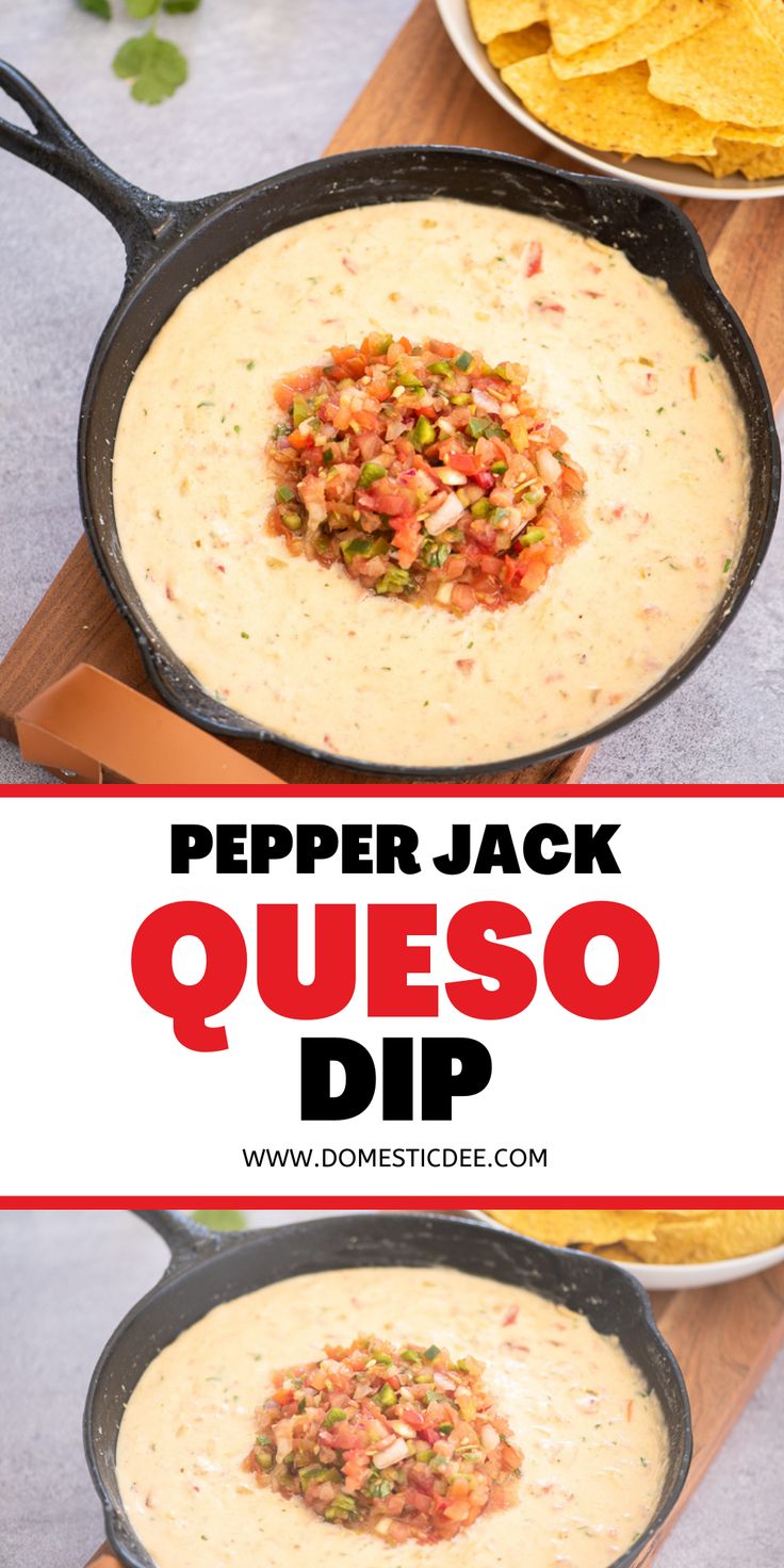 the recipe for pepper jack queso dip is in a skillet and ready to be eaten