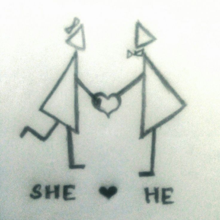 a drawing of two people holding hands with the words she he