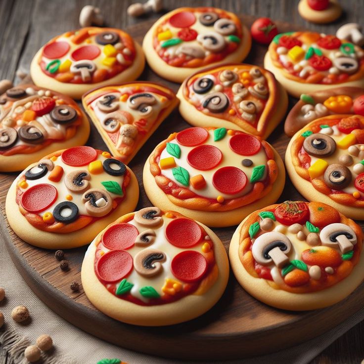 a wooden platter filled with lots of different shaped pizzas