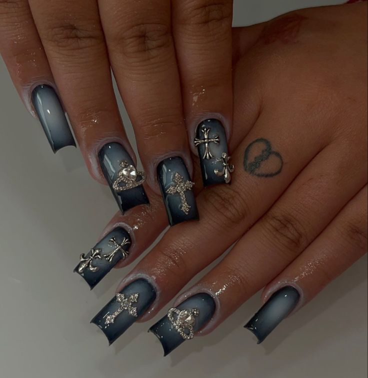 Black And Blue Gel Nails, Short Acrylic Nails Birthday Set, Blue Grey Nails Design, Blue Nails With Charms, Genre Nails, Grey Acrylics, Grey Blue Nails, Acrylic Nails With Charms, Black And Grey Nails