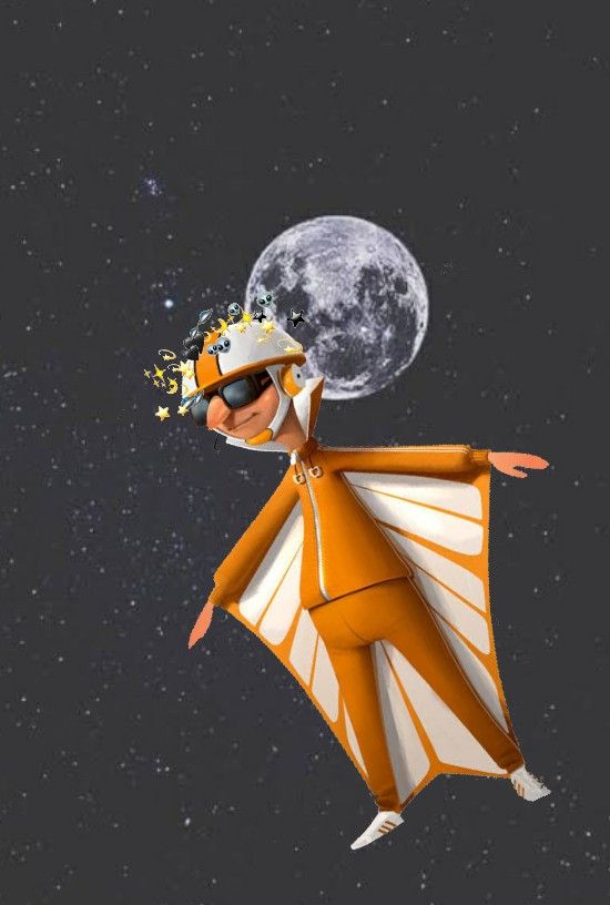 a man flying through the air while wearing an orange and white outfit with a hat on his head