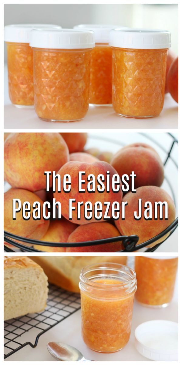 peach freezer jam recipe in jars with text overlay