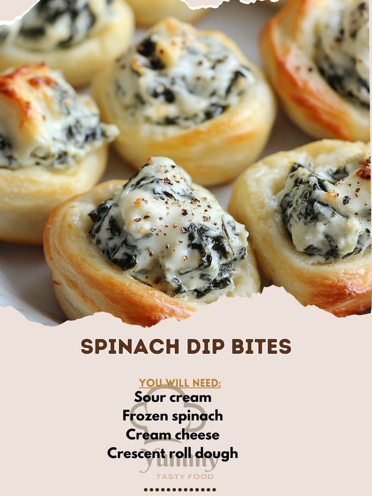 spinach dip bites on a white plate with text overlay that says spinach dip bites