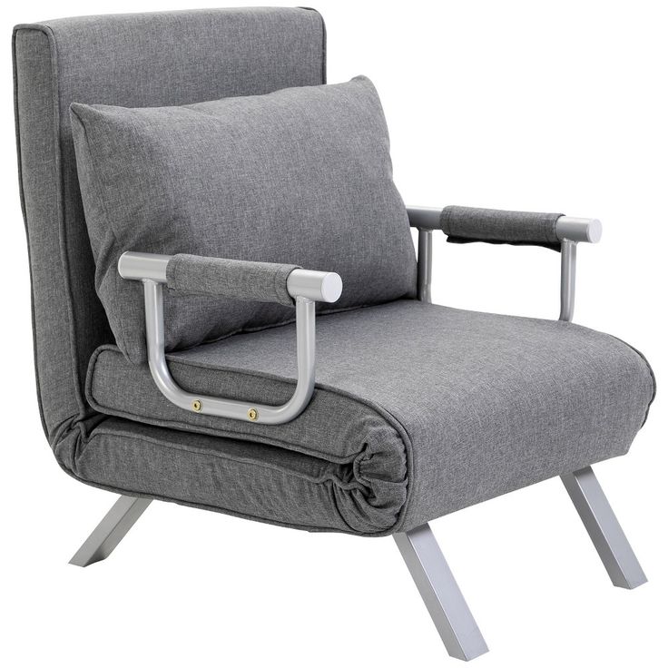 a gray chair with a pillow on it's back and two arms that are attached to the armrests