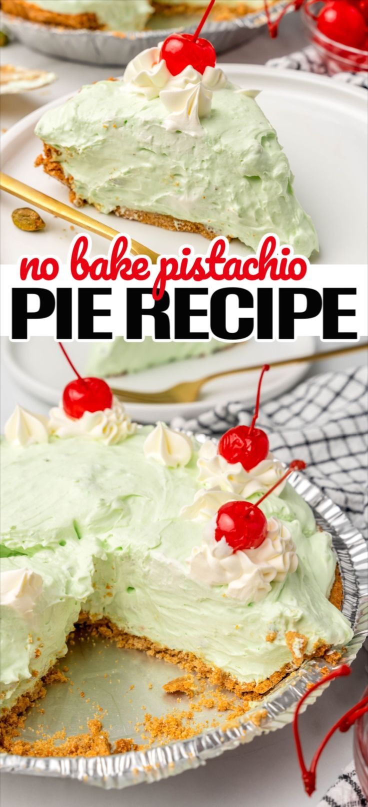 no bake pistachio pie recipe on a white plate with cherries and gold serving utensils