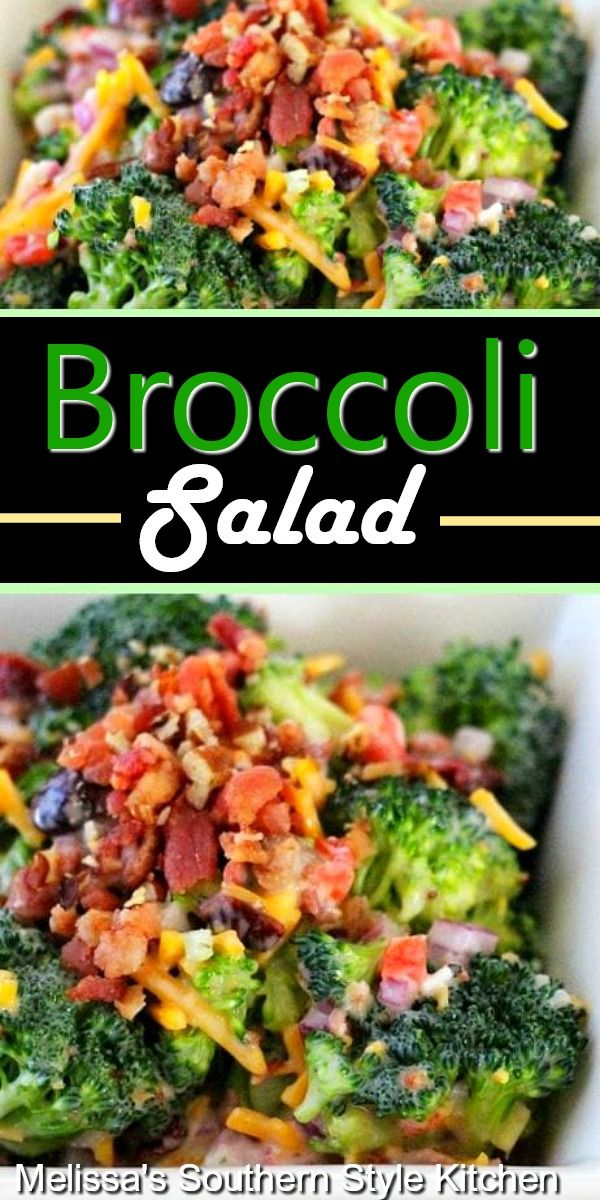 broccoli salad in a white bowl with the words broccoli salad above it