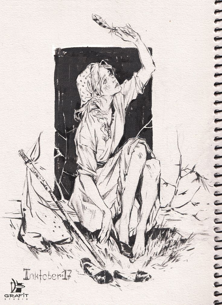 a black and white drawing of a man sitting on the ground with his hand up