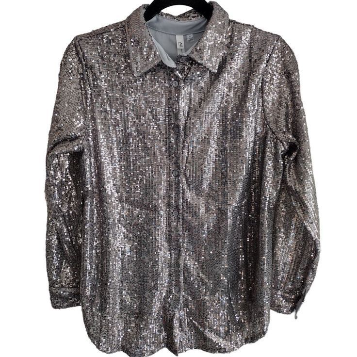 Ny Collection | Pewter & Silver All-Over Sequin Long Sleeve Button-Up Shirt Size: Women's Medium Measurements Provided In Photos! Condition: New With Tags. Reasonable Offers Welcomed! Bundle Discount Available! Happy Shopping! :) Holidays, Christmas, New Year's Eve, Nye, Going Out Top, Special Occasion, Date Night, Concert Glamorous Button-up Tops For Fall, Silver Long Sleeve Tops With Sequins, Silver Long Sleeve Sequin Tops, Elegant Button-up Sequin Blouse, Elegant Sequined Button-up Blouse, Elegant Button-up Blouse With Sequins, Holiday Silver Sequined Tops, Metallic Button-up Party Top, Metallic Button-up Top For Party