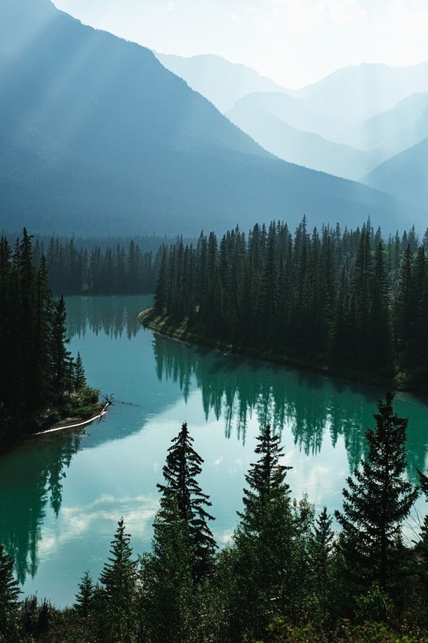 a lake surrounded by pine trees and mountains