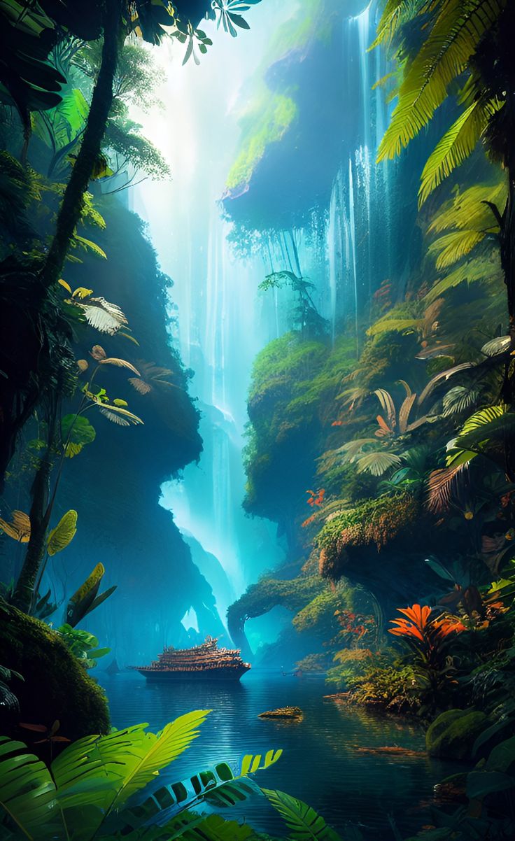 an artist's rendering of a jungle scene with a boat in the water