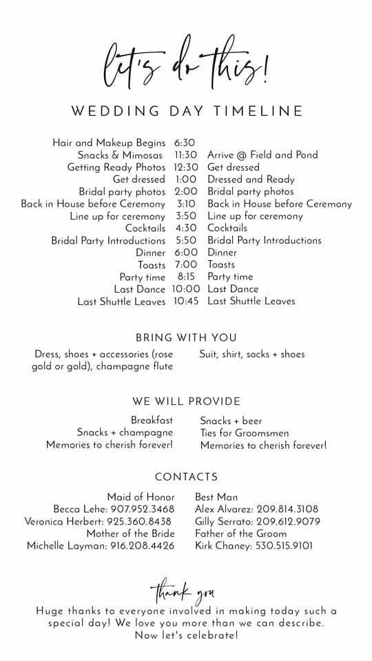 the wedding day schedule is shown in black and white