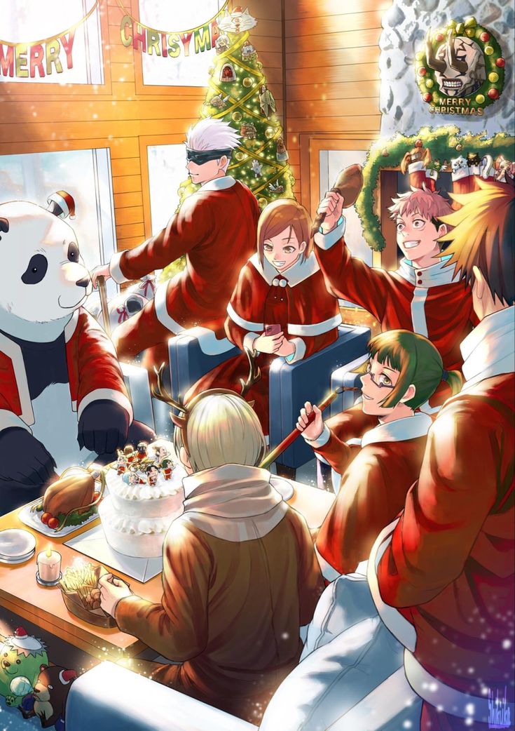 an anime christmas scene with santa and other people around a table eating cake, surrounded by pandas