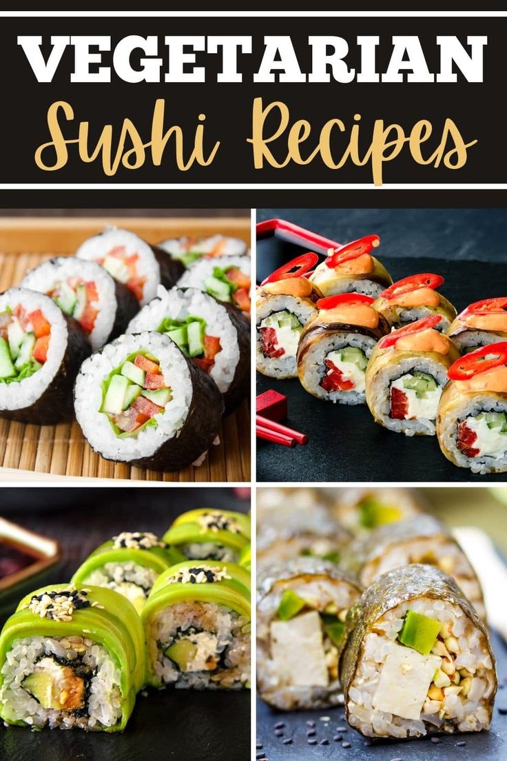 sushi recipe collage with different types of sushi on the side and in front