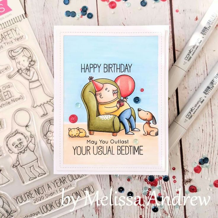 a happy birthday card with an image of a person sitting in a chair and balloons