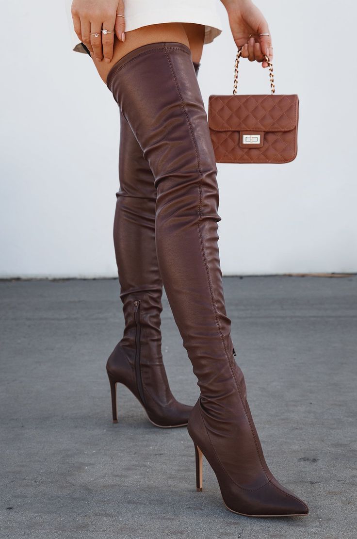 Shop Brown PU Over The Knee High Heel Boots at MISSLOLA.COM Over Knee High Boots, Apostolic Clothing, Wealthy Lifestyle, Stiletto Heels Boots, Knee High Heels, Thigh Boots, Shoes Photography, Zipper Heels, High Heel Boots Knee