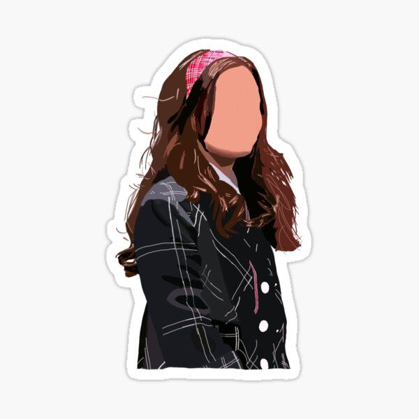 a woman with long hair wearing a black jacket and pink checkered scarf sticker