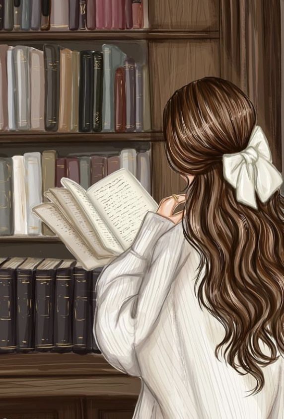 a girl reading a book in front of a bookshelf with many books on it