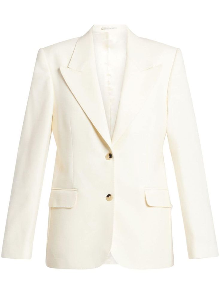 white wool peak lapels front button fastening long sleeves buttoned cuffs two front flap pockets straight hem Blazer White, White Blazer, Wool Blazer, Outerwear Women, Flap Pocket, Single Breasted, Blazer Jacket, Long Sleeves, Blazer