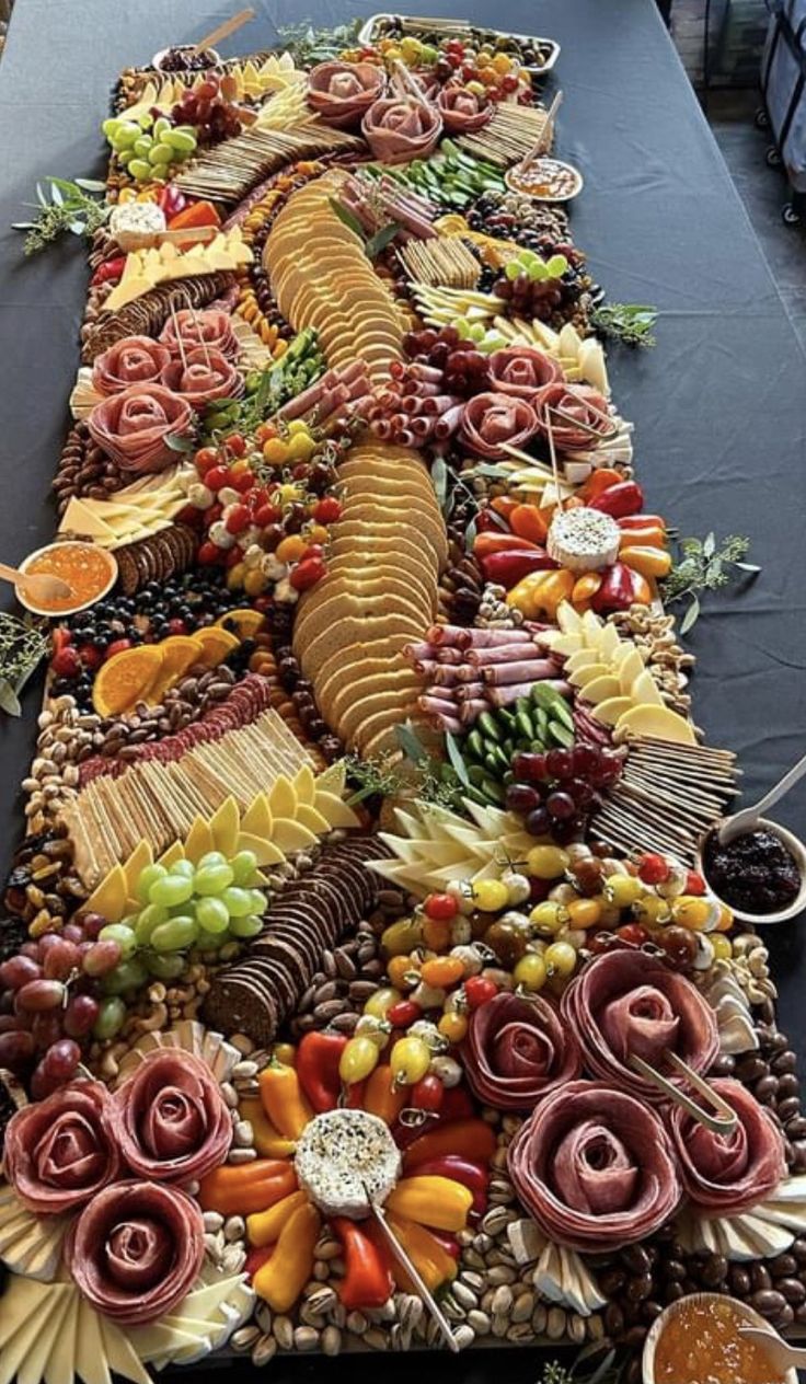 Elaborate Charcuterie Board, New Years Grazing Table, Giant Charcuterie Board Ideas, Large Grazing Board, Charcuterie Board Planning, High End Charcuterie Board, Enchanted Forest Charcuterie Board, Grazing Charcuterie Table, Massive Charcuterie Board