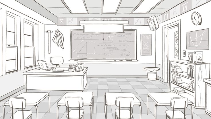 a drawing of a classroom with desks, chairs and a chalkboard on the wall