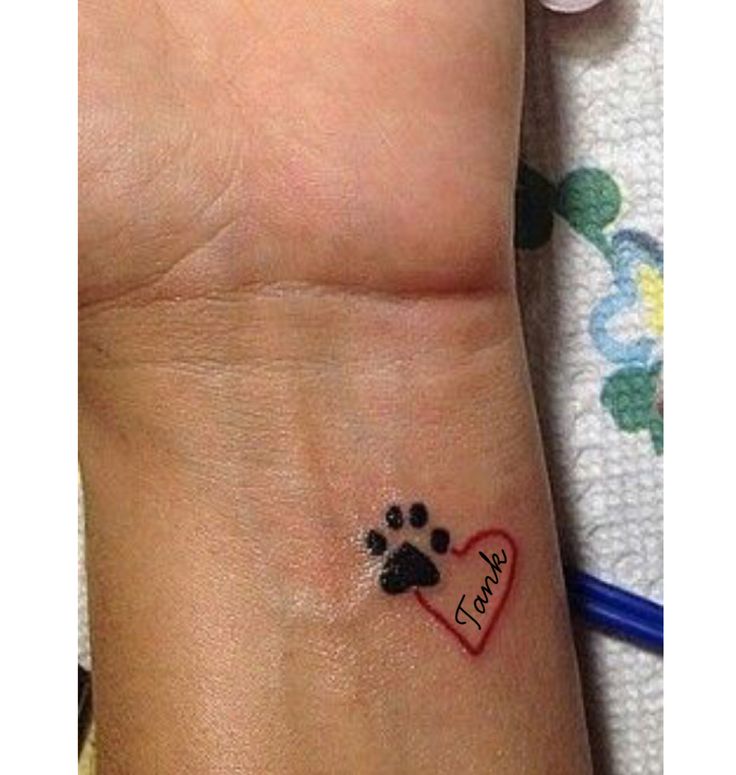 a dog paw and heart tattoo on the wrist