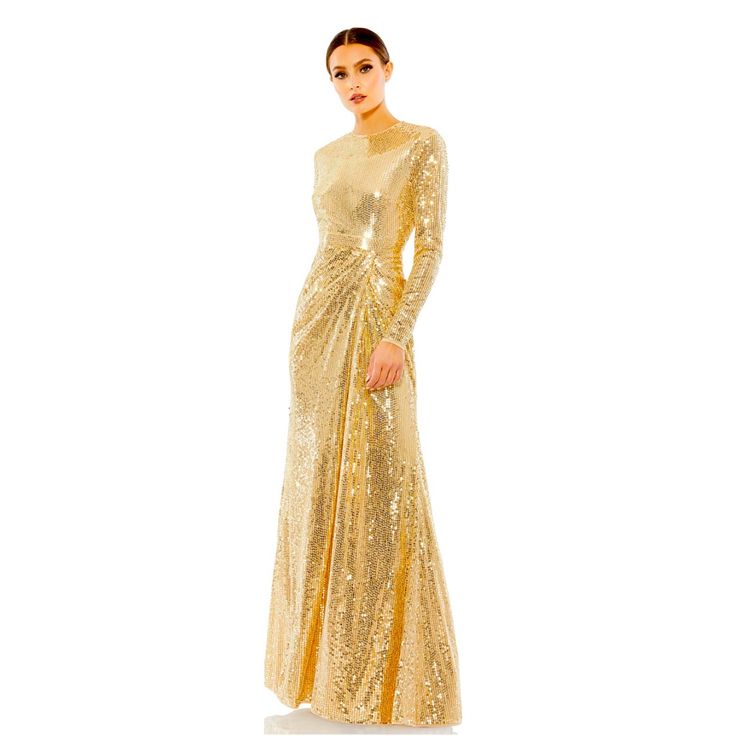 Bring On The Shine! This Hand-Sequined Gown Is A Fashion-Forward Choice For Any Formal Affair. With A High Round Neckline, Long Sleeves, And A Floor-Grazing Skirt, This Modest Silhouette Is Accented By A Draped Skirt And Inset Waist Detail. Sleeves Feature Hidden Zippers For Ease Of Dressing. Size 14 Gold. - Mac Duggal - Hand-Sequined Fabric (100% Polyester) - Concealed Back Zipper - High Neckline - Long Sleeves - Approx. 62.5" From Top Of Shoulder To Bottom Hem - Style #10824 Note: The Dress Is Gold Sequined Long Sleeve Gown, Gold Long Sleeve Sequined Gown, Sequin Cocktail Gown For Gala Events, Glamorous Sequin Mother Of The Bride Dress For Gala, Sequined Gown For Cocktail Gala, Gold Evening Gown With Sequins, Gold Holiday Gown With Sequins, Glamorous Sequined Evening Mother Of The Bride Dress, Gold Sequin Maxi Dress For Cocktail