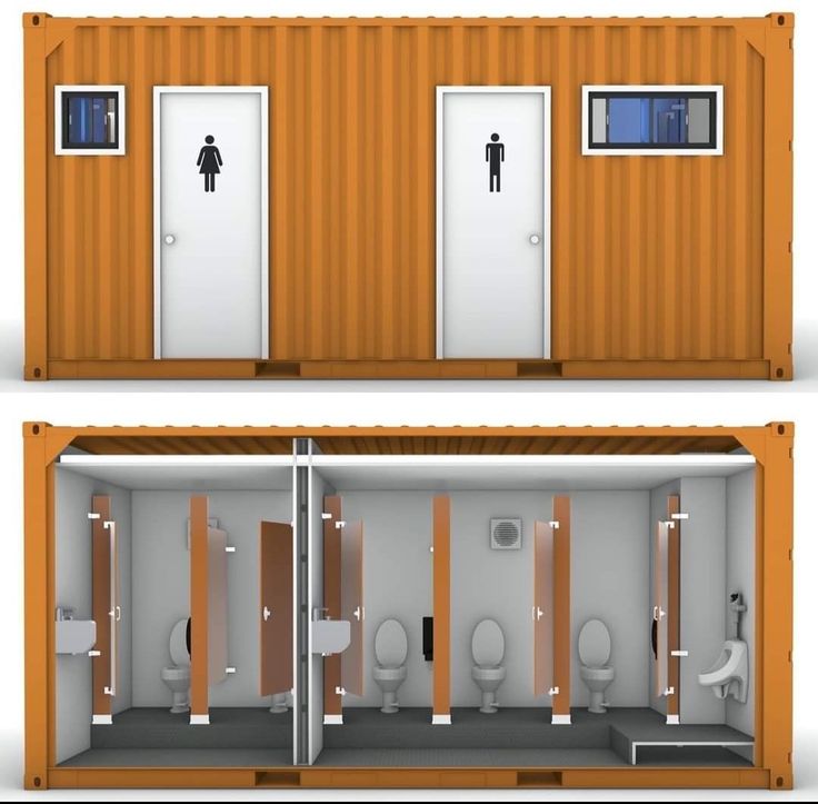 two pictures of the inside and outside of a toilet stall, with stalls on each side