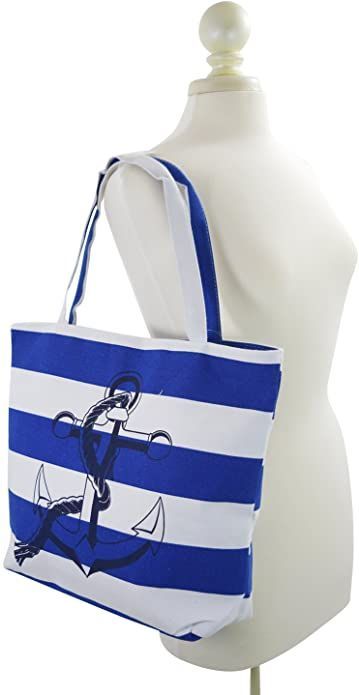 Amazon.com: Nautical Navy Striped Large Anchor Logo Rope Handles Tote Bag: Shoes Anchor Logo, Blue Anchor, Beach Blue, White Tote Bag, Nautical Anchor, Bag Shoes, White Tote, Rope Handles, Beach Tote Bags