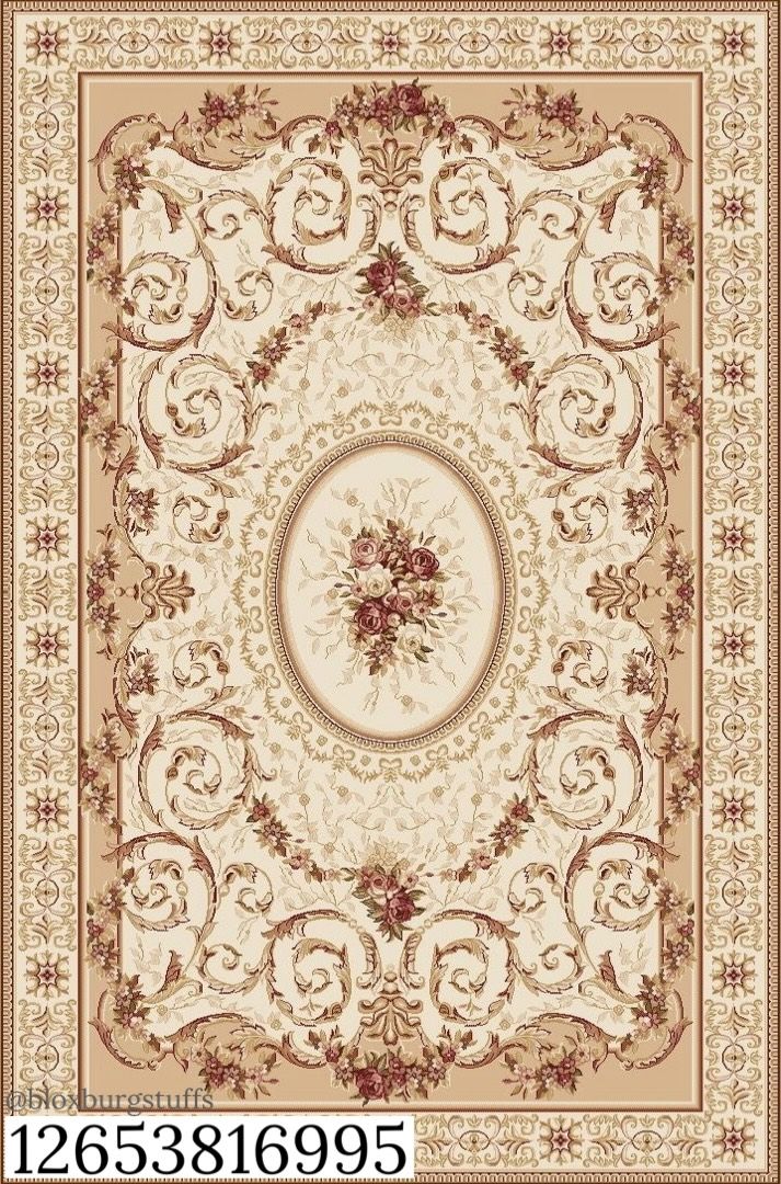 a beige and green area rug with an ornate design on the center, surrounded by leaves