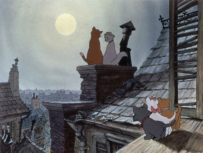 an animated scene with cats sitting on top of a roof looking out at the city