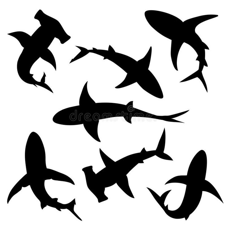 black and white silhouettes of sharks on a white background